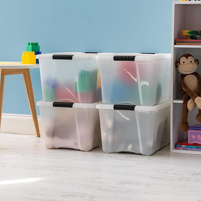 IRIS USA 4-Pack 40 Quart Storage Bins with Lids, Pearl | Conceals contents for a clean look. Perfect for moving, blankets, clothing, and garage storage. Nestable design saves space