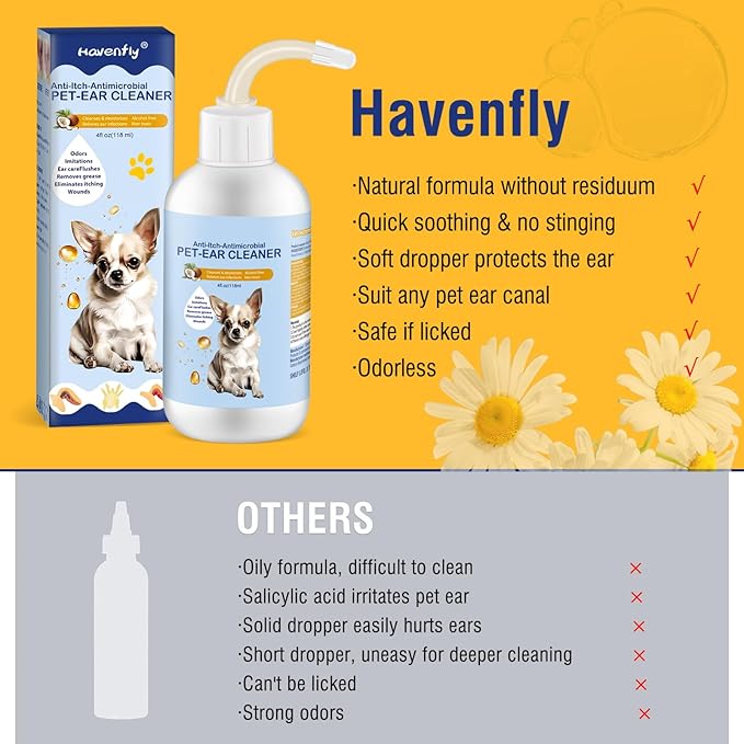 Ear Cleaner for Dogs and Cats 4 oz, Gentle and Non Irritating Dogs Ear Infection Treatment, Itch Relief Pet Ear Drops,Dog Ear Wash Removes Wax, Odor with 10 Cotton Swabs