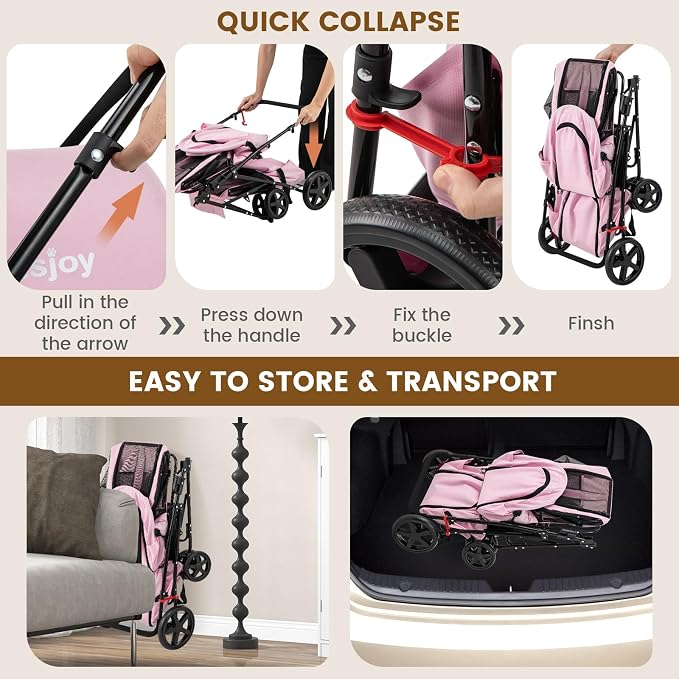 PETSITE Double Dog Stroller, Foldable Pet Stroller for 2 Dogs & Cats Small Medium Sized with Detachable Carrier on Wheels, Ideal for Car Seat Walking Camping Travel (Pink)