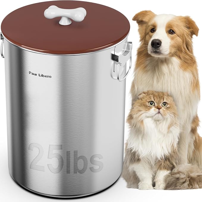 Paw Libero 25 Lbs Stainless Steel Dog Food Storage Container with Airtight Lid & Ceramic Bone Handle, Large Metal Dog Food Bin for Dogs & Cats, Keep Fresh, Easy to Clean