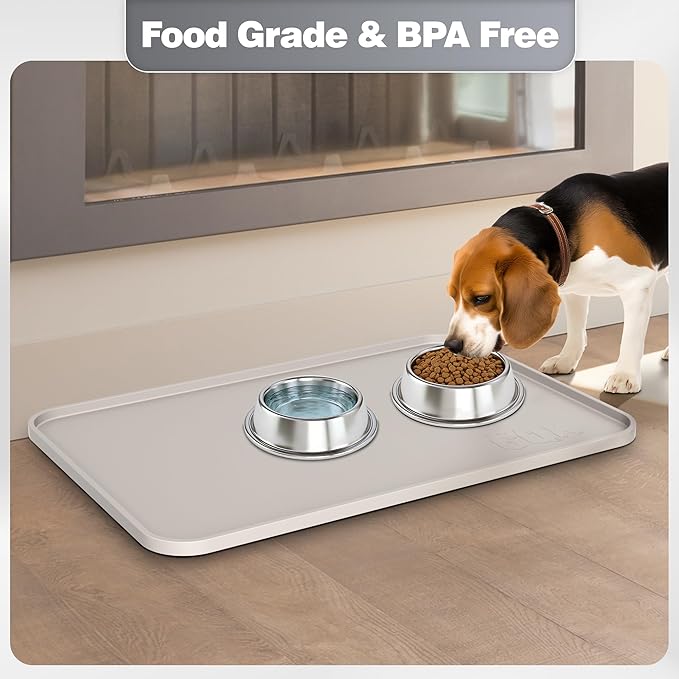Silicone Dog Food Mat, Waterproof Anti-Slip Pet Feeding Mat with Warped Resistant Raised Edge,Spill-Proof Lip Floor Protection,Dishwasher-Safe Pet Placemat for Dogs & Cats(M 20" x 14" Beige Gray)