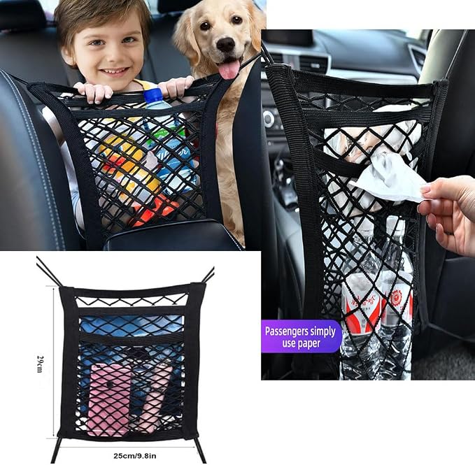 3-Layer Car Mesh Organizer, Dog and Kid Pet Barrier, Seat Back Net Bag Holder, Storage Organizer, Cargo Tissue Handbag Purse Holder, Driver Storage Netting Pouch