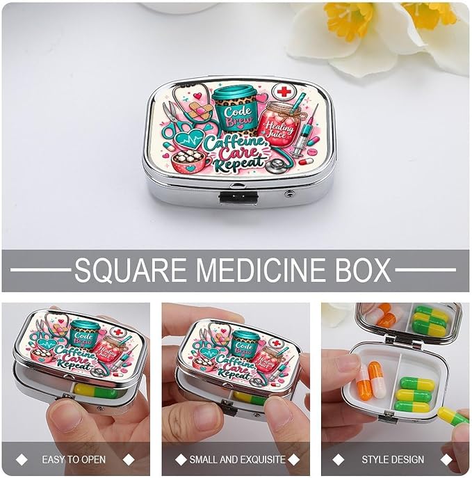 Cute Coffee and Care Collection Two Compartment Pill Box Medicine Organizer, Portable Pill Case with Secure Snap Closure for Vitamins Medication Supplements Daily Use