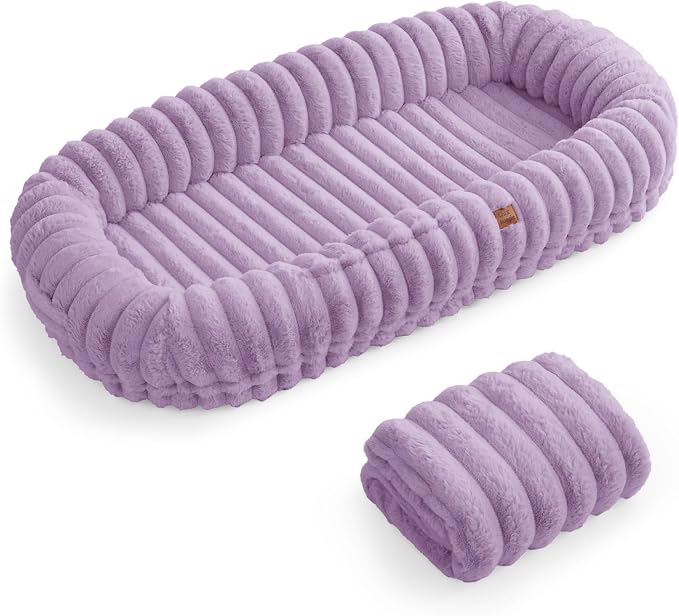 ChiXnuggle Orthopedic Human Dog Bed,Striped Faux Fur Washable Cover,Blanket | purple,72*40*10,giant dog bed for adult or extra large dogs,egg crate foam,non-slip bottom