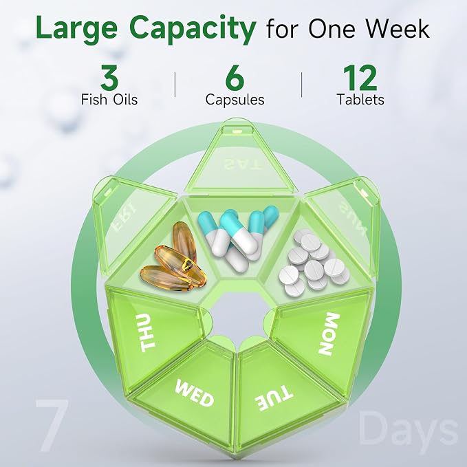 Weekly Pill Organizer, 2 Pack Portable Travel Pill Box, 7 Day Pill Case | Easy Open, BPA-Free, Arthritis Friendly Medicine Pill Container, Medicine Case for Vitamins,Supplements Medications, Green
