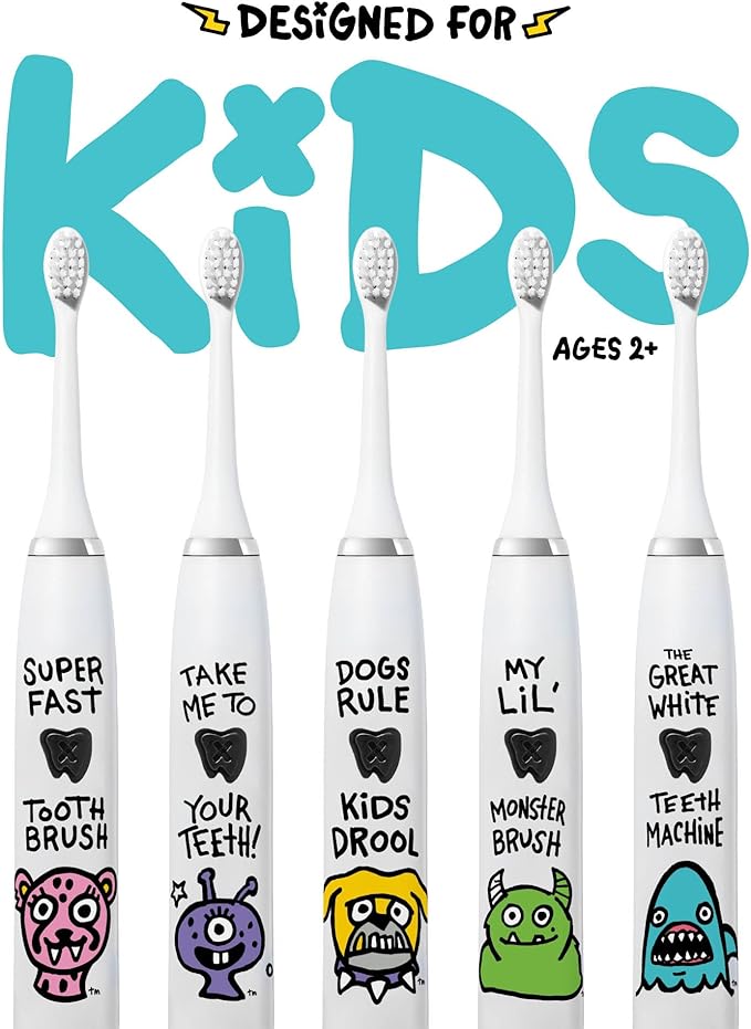 Made by Dentists Kids Electric Toothbrush - Rechargeable Vibrating Toothbrush with Timer, Includes 6 Replacement Heads, Gently Cleans Teeth, Kid & Toddlers Age 2+, Shark
