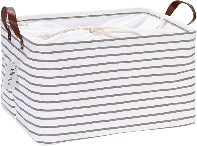 Hinwo 31L Large Canvas Storage Bin with Lid and Handles | Collapsible Fabric Basket, Closet Shelf Organizer, Container for Clothing, Blankets, Toys, Bedding (Gray Stripe)