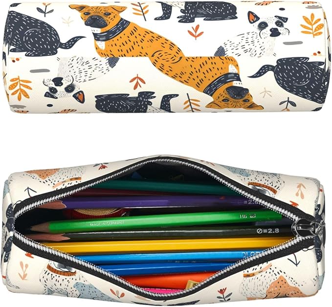 OSAM SPACE Leather Pencil Case Round Pencil Bag Cute Dogs Plant Pen Organizer Holder Portable Zipper Pouch Cute School Supplies for Girls Boys Study Office