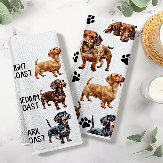 Funny Coffee Dachshund Waffle Weave Kitchen Towels, Quick Dry Multipurpose Hand Towels for Bathroom, Absorbent Reusable Cloth Tea Dish Towels for Home Decor, Dog Lover Gift Towel Set of 2