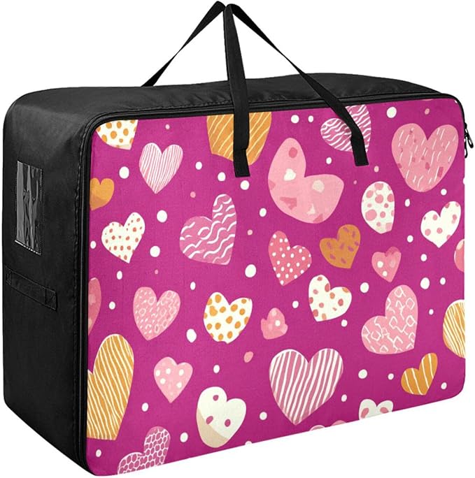 Comforter Storage Bags Large Folding Blanket Organizer Bag with Strong Handles Clear Window Closet Storage Containers for Clothes King Queen Pillows Bedding Quilt Duvet Pink Stripes Hearts