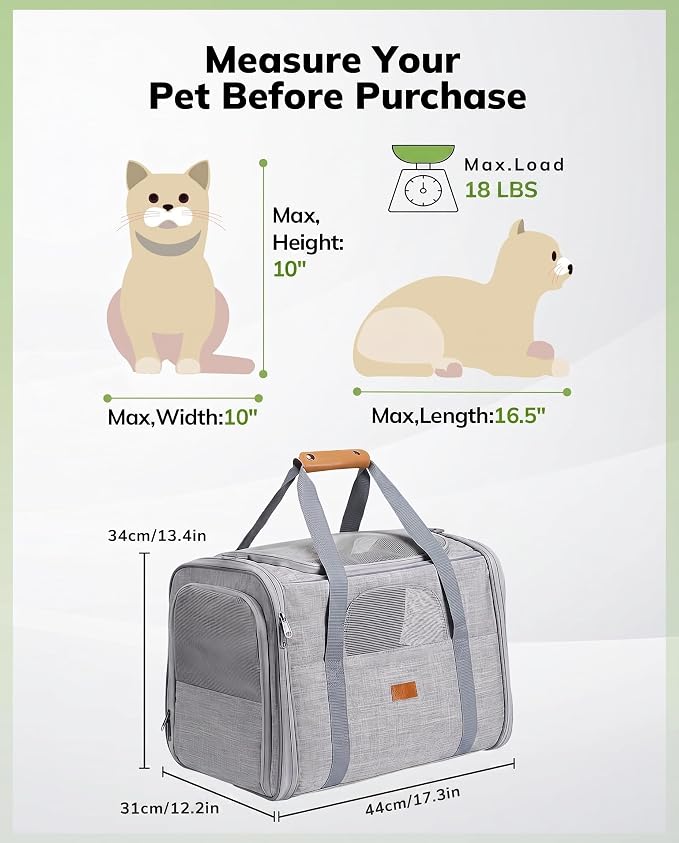 Morpilot Cat Carrier Soft for Large Medium Cats and Puppy up to 18lbs | with Dual-Sided Cushion, Secure Buckle and Foldable Bowl, Dog Carriers for Small Dogs - Pet Carrier (Light Gray)