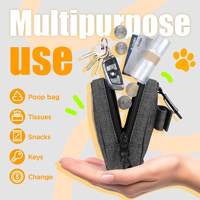 Dog Poop Bag Holder for All Leashes,Hand Free Doggie Waste Bag Dispenser-hook & loop/Carabiner,Dog Poop Bag Dispenser for Leash,Wide Opening,Leash Attachment for Dogs Walking,Poop Bags EXCLUDED,Gray