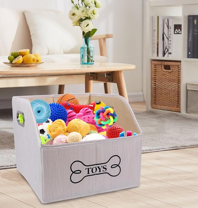 Foldable Dog Toy Basket-Dog Toys Bin-Dog Toy box-Storage Basket with Handle,Organizer Bin for Pet Toys, Blanket, Shelves, Closet-Beige