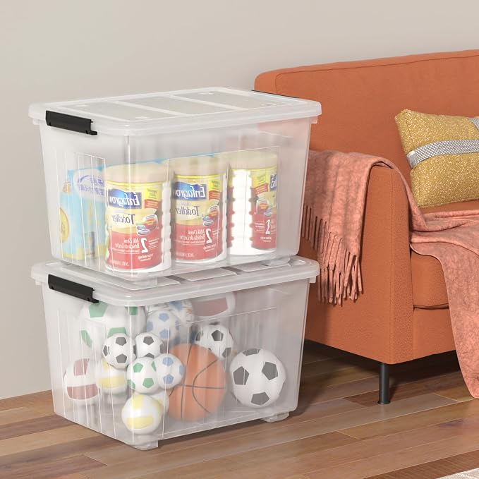 70 Quart Large Clear Plastic Storage Boxes with Wheels, 4 Packs | Stackable Plastic Latching Organization Bins with Lids