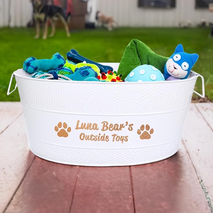 BREKX Personalized Metal Dog Toy Box - White Galvanized Storage Bin with Handles, Organizer Storage Basket for Pet Toys, Blankets, Leashes - (25 Quart)