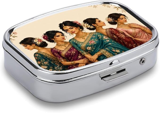 Elegant South Asian Women in Traditional Attire Two Compartment Pill Box Medicine Organizer, Portable Pill Case with Secure Snap Closure for Vitamins Medication Supplements Daily Use