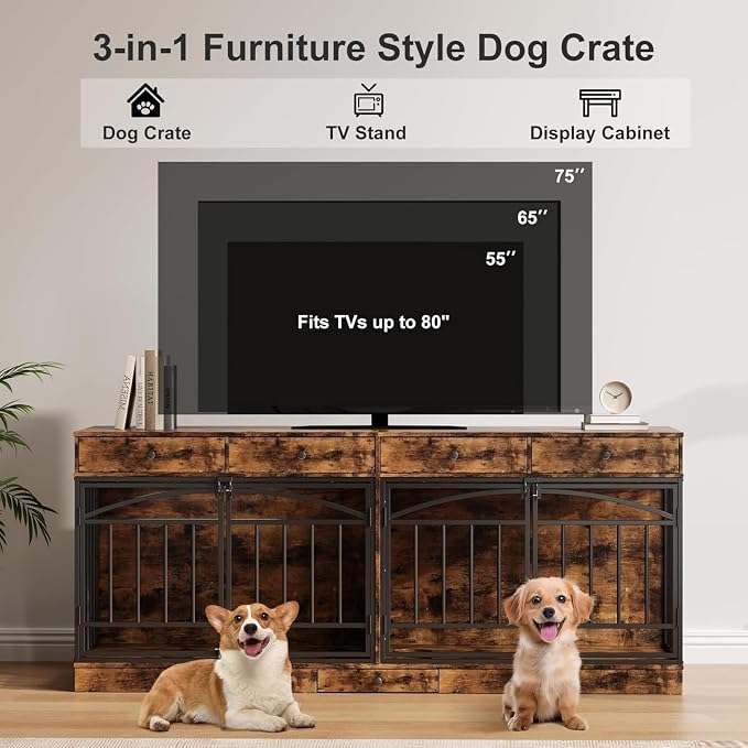 Dog Crate Furniture for 2 Dogs, Double Dog Crate TV Stand, Brown | 78.7'' Large Dog Kennel Indoor, 4 Storage Drawers and Feeding Bowls, Pet Kennel for Small and Medium Dogs