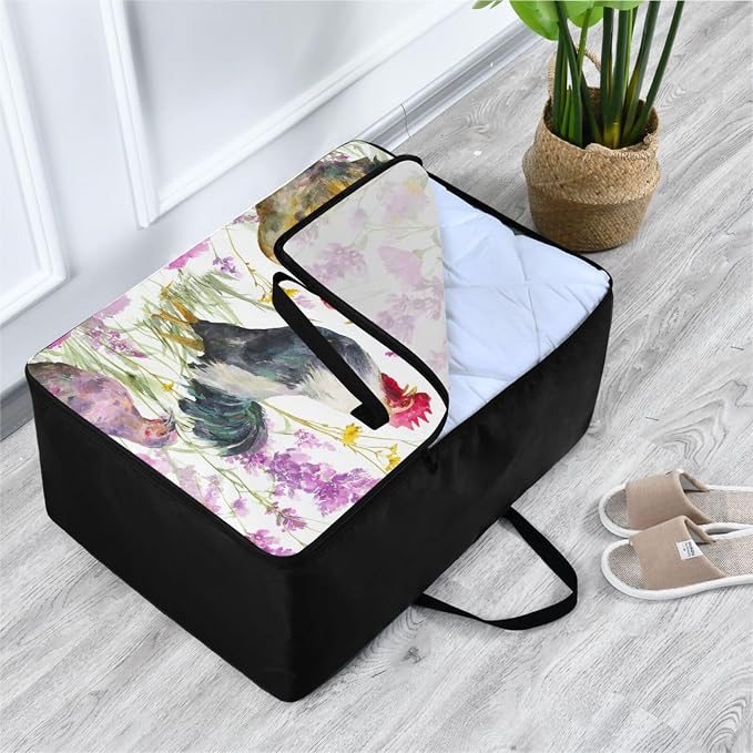 Comforter Storage Bags Large Folding Blanket Organizer Bag with Strong Handles Clear Window Closet Storage Containers for Clothes King Queen Pillows Bedding Quilt Duvet Roosters Hens Spring Wil