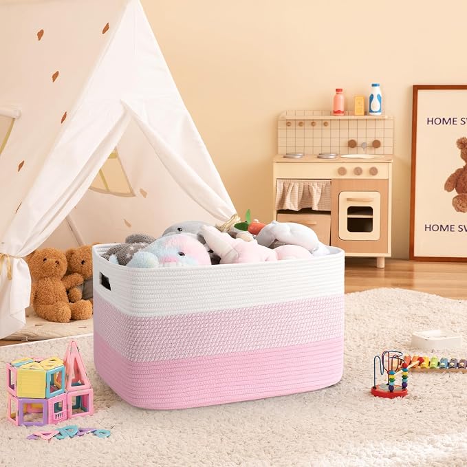 OIAHOMY Blanket Basket Laundry Basket Dog Toy Basket 75L Pink/White | Large Storage Basket,Baby Basket,Toy Storage,Woven Rope Basket for Blankets,Blanket Storage for Living Room
