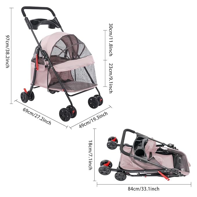 Pet Stroller for Small Medium Dogs Cats 40 lbs, Foldable Dog Stroller with Storage Basket and Cup Holder, Portable Pet Travel Cart with Breathable Mesh Canopy (Pale Pinkish Grey)