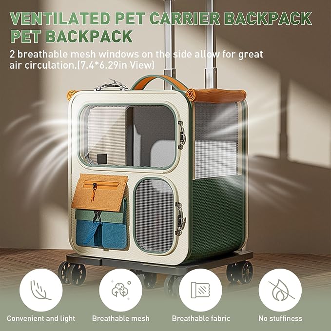 Cat Carrier with Wheels, Folding Rolling Pets Carrier on Wheel Soft Pet Handbag Cats Backpack, Dog Carriers up to 23 LBs Removable Cat Bag for Small Dogs Medium Cats Outing(NOT for TSA)