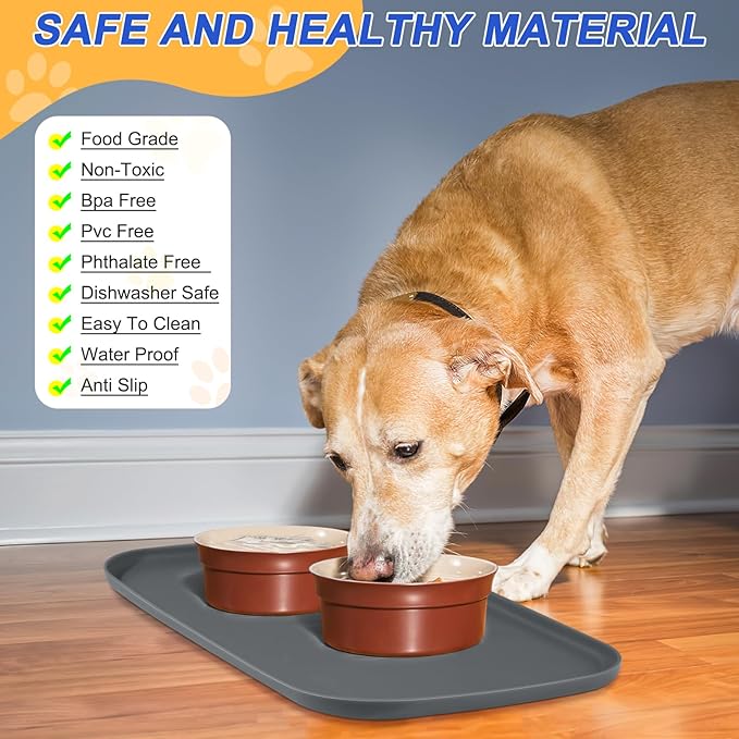 SMILOOL Silicone Pet Feeding Mat with Raised Edge for Food and Water, Dog Bowl Mats, Cat Bowls Placemat with High Lip for Floor Waterproof, Rubber Tray for Cats and Dogs 19 x 12 x 0.7 Dark Grey