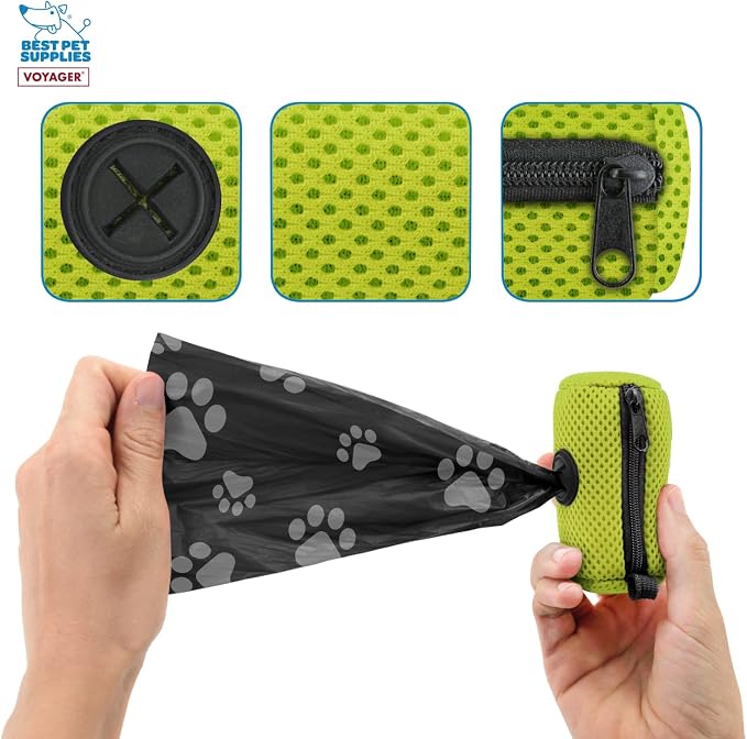 Best Pet Supplies Dog Poop Bag Holder Leash Attachment with Reusable Dispenser for Travel, Walking, Park, and Outdoor Use, Durable with Clip-On - Lime Green, Pack of 2, Mesh Dispenser w/30 Bags