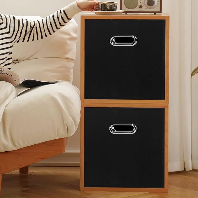 Black Foldable Storage Cubes Bins, Fabric Storage Box Cubes Organizer Baskets with Dual Handles for Home Organizer,Set of 3,(Black)