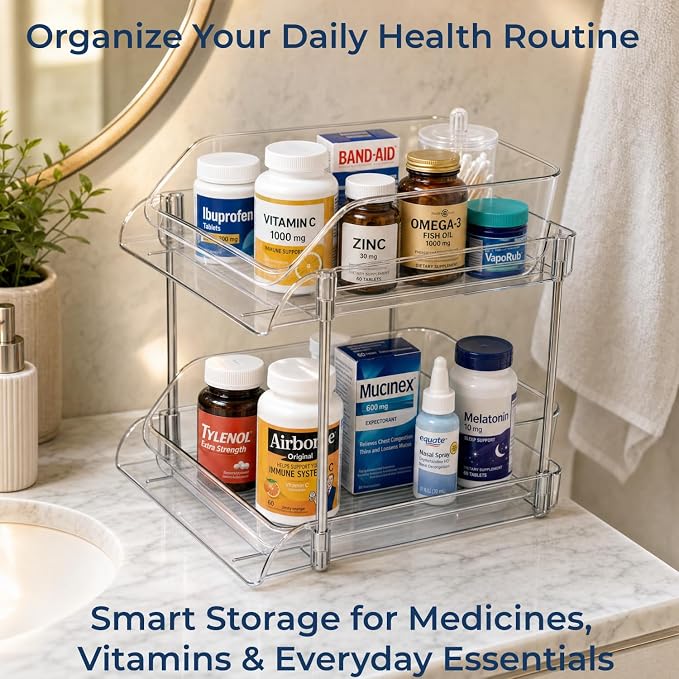 Medicine Bottle Organizer with Clear Pull-Out Drawers for Quick Access | Clear PET drawers, metal frame, smooth pull-out access, open top shelf, for vitamins, supplements, and medicine bottles