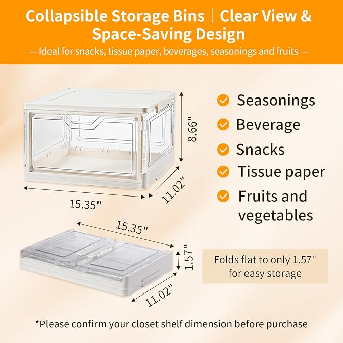 Collapsible Storage Bins with Lid, Clear Stackable Organizer Box, 15.35" x 11.02" x 8.66", for Clothes, Books, Snacks (1-Tier)