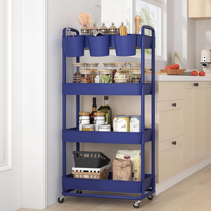 4-Tier Plastic Rolling Storage Cart Utility Cart Blue | Utility Cart with Extra Hanging Cups Arc-Shaped Handles Lockable Wheels for Living Room Bathroom Kitchen Office