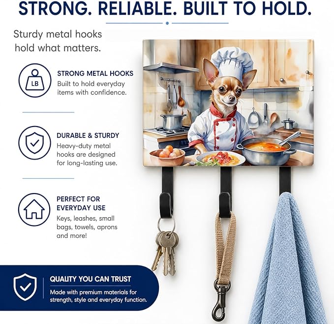 Caroline's Treasures Chihuahua The Chef Leash or Key Holder Wall Hooks, Key Hooks Holder, Coat Rack Wall Mount, Coat Hooks, Hooks for Hanging Keys, Towels, Aprons, Leashes | Chihuahua The Chef artwork on ceramic tile with three steel hooks for keys, le...