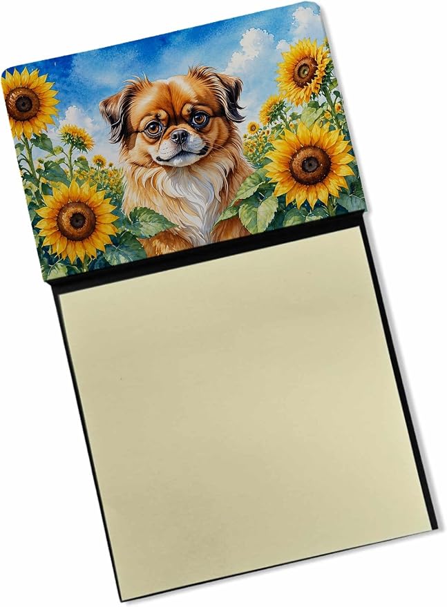 Caroline's Treasures Tibetan Spaniel in Sunflowers Watercolor Sticky Note Holder Refillable Dispenser Desk Accessory 3x3 Pad Gift