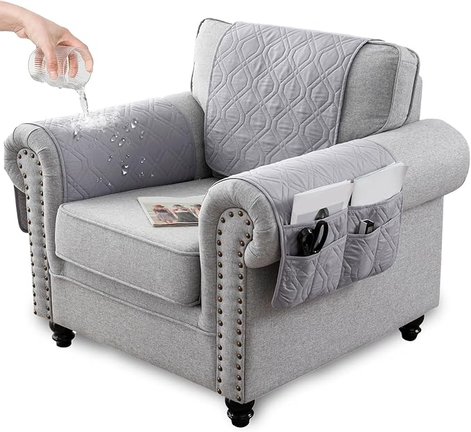 Recliner Armrest Cover with Headrest, Chair Armrest Slipcover with Side Pockets, Water-Resistant, Non Slip Furniture Protector for Pets(Light Gray,2 Seater 4PCS)