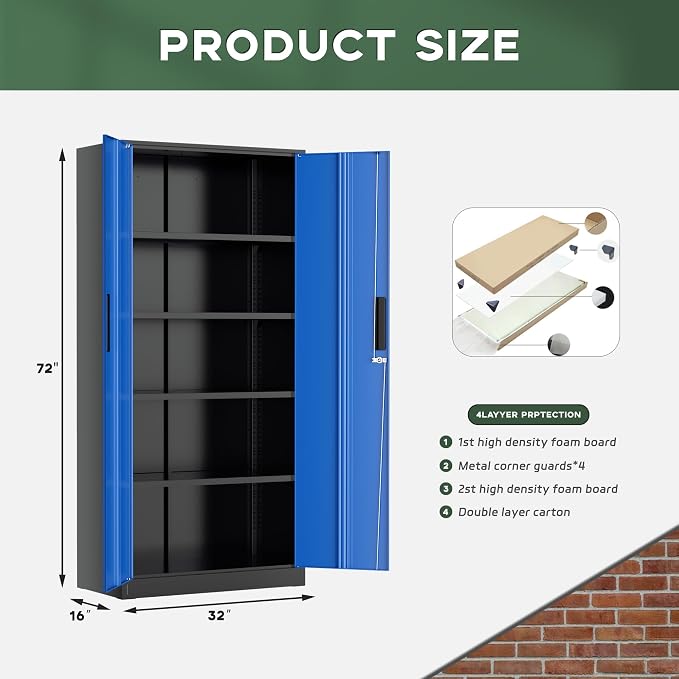 Greenvelly Metal Storage Cabinet, 72" Locking Metal Garage Storage Cabinet with Doors and 4 Adjustable Shelves, Lockable Steel Cabinet for Home Office, Garage, Shop, School (Blue 32" W x 16" D)