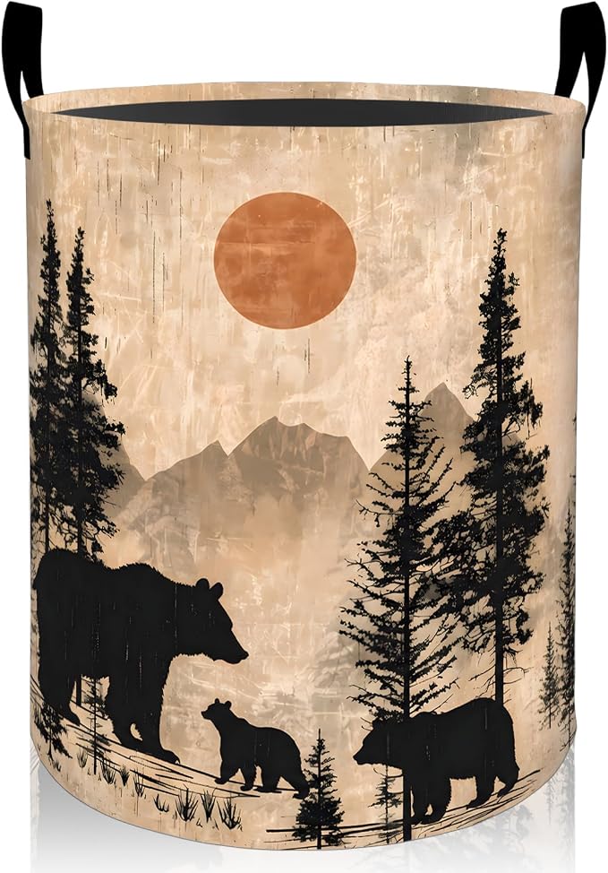 Vintage Bear Laundry Basket, Mountain Forest Wildlife Oxford Cloth Dirty Clothes Collapsible Hamper for Room Decor, Rustic Gifts, Toy Organizer 19.7 x 15.7 Inches for Bedroom Bathroom Dorm