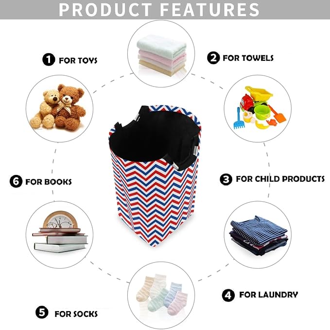 visesunny Blue and Red Wavy Stripe Large Laundry Hamper with Handle Foldable Durable Clothes Hamper Laundry Bag Toy Bin for Bathroom, Bedroom, Dorm, Travel