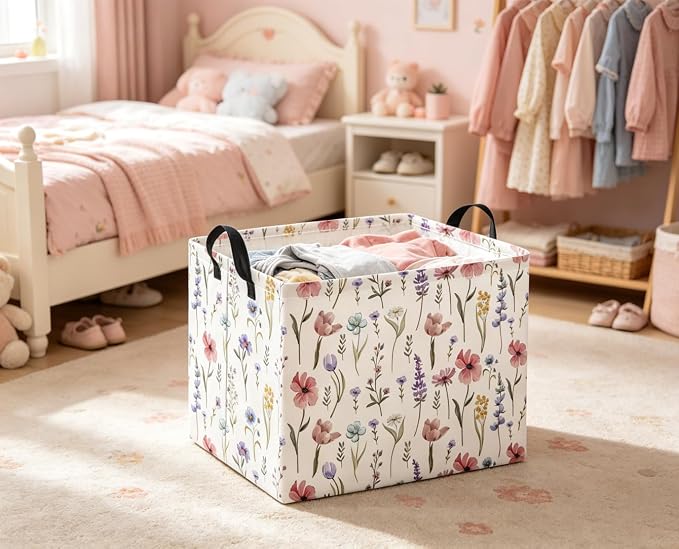 Rectangular Baby Kids Storage Basket for Home Kitchen Girls Cute Toy Storage Bin Organizer Shelf Book Room Decor(Flower)
