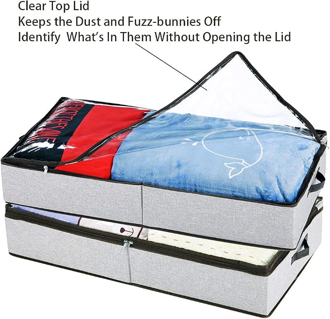 HOONEX Under Bed Storage Containers Zippered Clear Top Lid, Outer Linen Fabric, Reinforced Frame and Sturdy Bottom, 2 Leather Carrying Handles, 2 Pack, Grey