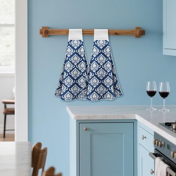 CUTHOLLOW Blue Retro Damask Hanging Kitchen Towels with Loop, Set of 2 - Soft & Super Absorbent Microfiber Decorative Hanging Dish & Hand Towel, Tea, Coffee Towel for Kitchen Bathroom Oven Handle