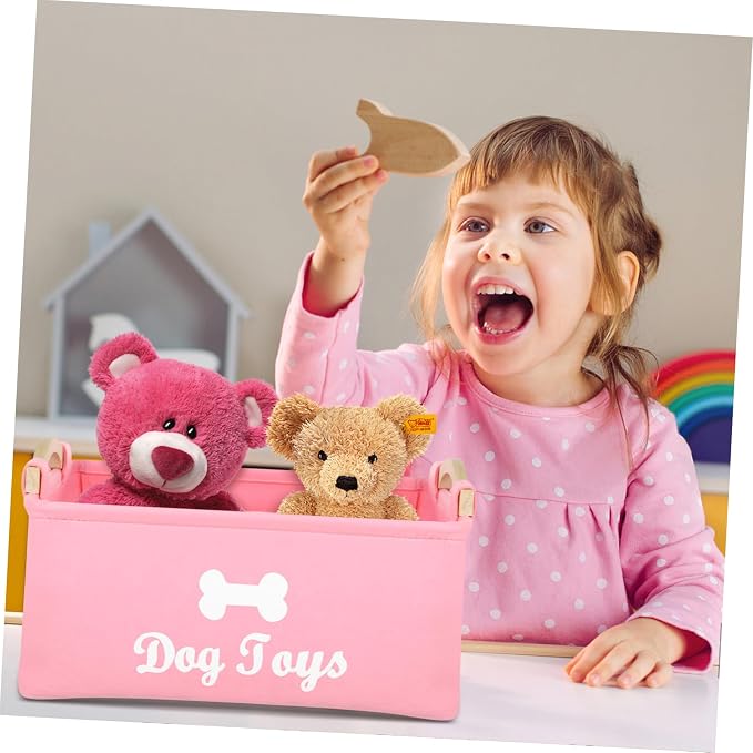 Ipetboom Pink Felt Pet Storage Box with Handles Organizer for Dog Accessories and Items Compact and Portable Basket for Household Use