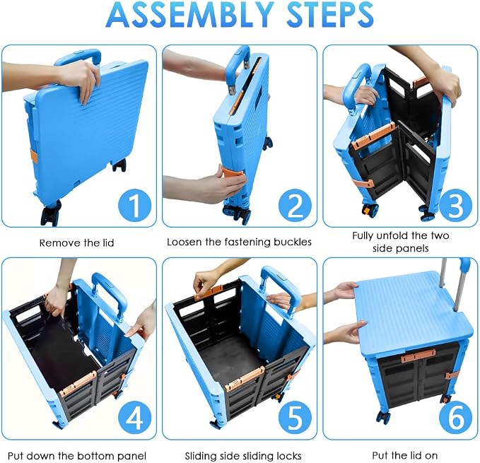 Foldable Utility Cart Portable Collapsible Crate Rolling Carts with Wheels Rolling Tote Basket Teacher Cart with Lid Wear-Resistant 360°Rotate Wheel Noiseless for Shopping Storage Office Use