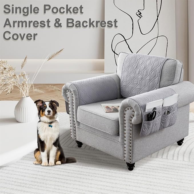 Recliner Armrest Cover with Headrest, Chair Armrest Slipcover with Side Pockets, Water-Resistant, Non Slip Furniture Protector for Pets (Light Gray,3 Seater 5PCS)