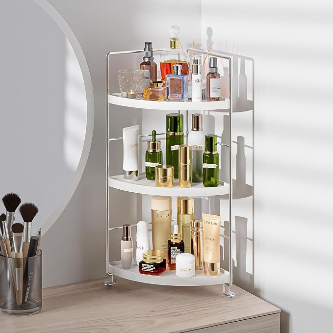 3-Tier Corner Shelf Bathroom Counter Organizer, White | Multi-Space Storage Tray, Holds Spices, Cosmetics, Lotion, Space-Saving for Sink, Vanity and Kitchen