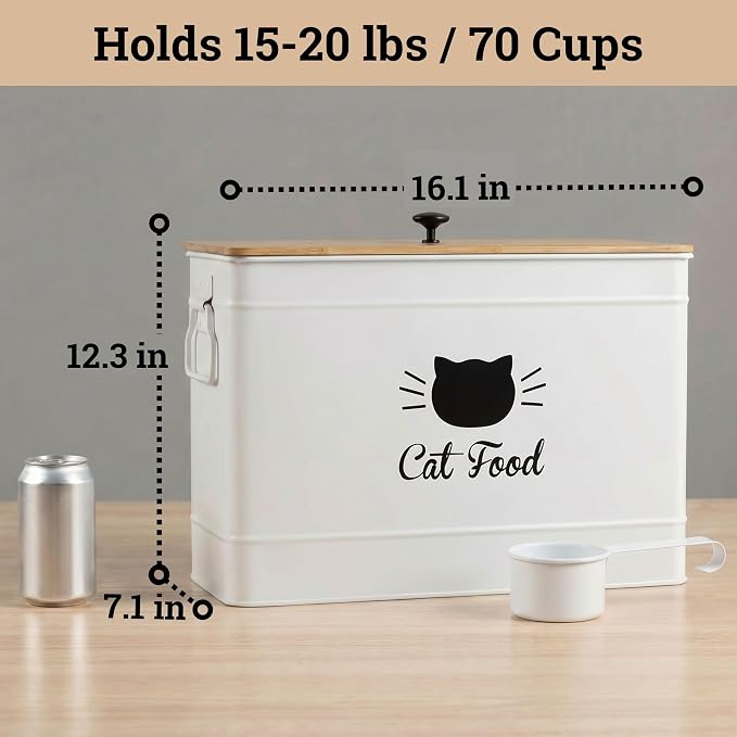 Metal Cat Food Container with Scoop, 15lb (50 Cup) w/ Airtight Bamboo Lid | 15 lb / 50 Cup Capacity, 1 Cup Metal Scoop, Durable Powder Coated Iron Body, Rubber Lined Bamboo Lid, Sturdy Metal Handles