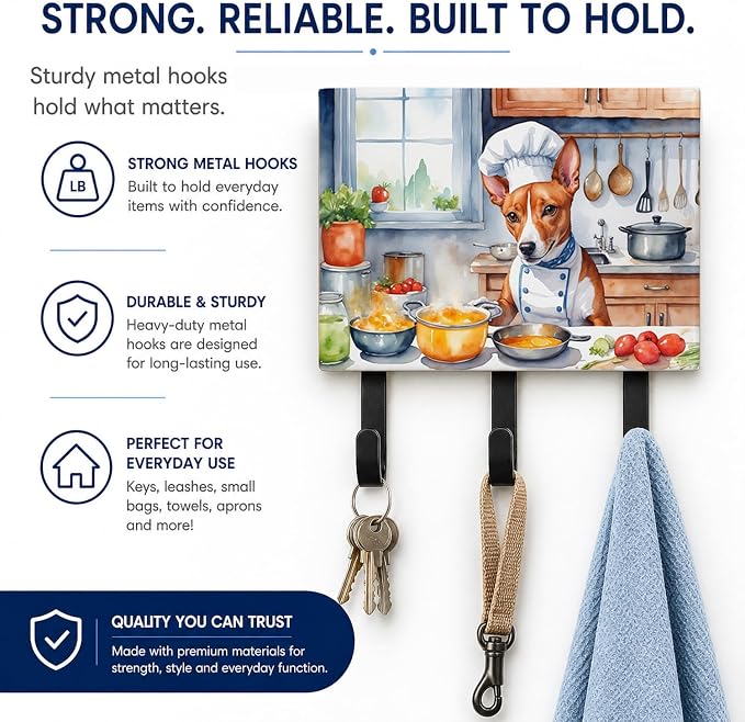 Caroline's Treasures Basenji The Chef Leash or Key Holder Wall Hooks, Key Hooks Holder, Coat Rack Wall Mount, Coat Hooks, Hooks for Hanging Keys, Towels, Aprons, Leashes | Basenji The Chef artwork on ceramic tile with three steel hooks for keys, leashe...