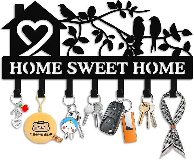 Personalized Keys Holder on Wall, Bird House Metal Key Organizer with Hooks, Home Sweet Home Metal Key Rack for Entryway Decor, Key Holder Wall Mount with Free Dardware, Ideal Housewarming Gift