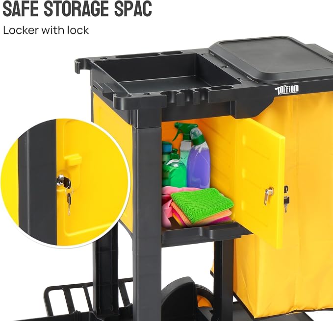 TUFFIOM Janitorial Cart with Key-Locking Cabinet, 3-Shelf Commercial Cleaning Cart, Housekeeping Caddy with Locker,Wheeled with Yellow Vinyl Bag, Black, Great for Hotel, Stores, Schools, and Business