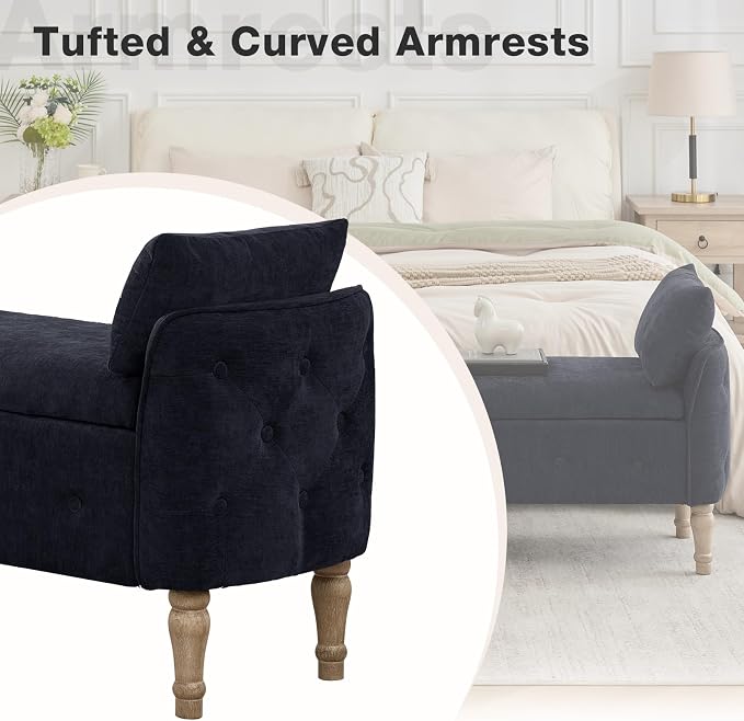 End of Bed Storage Bench Queen Size,51'' Upholstered Bedroom Bench,Black | Linen Storage Bench for Bedroom End of Bed ,2 Cushion, Vintage Wood Legs ,Tufted,Storage Ottoman Bench for Entryway Window