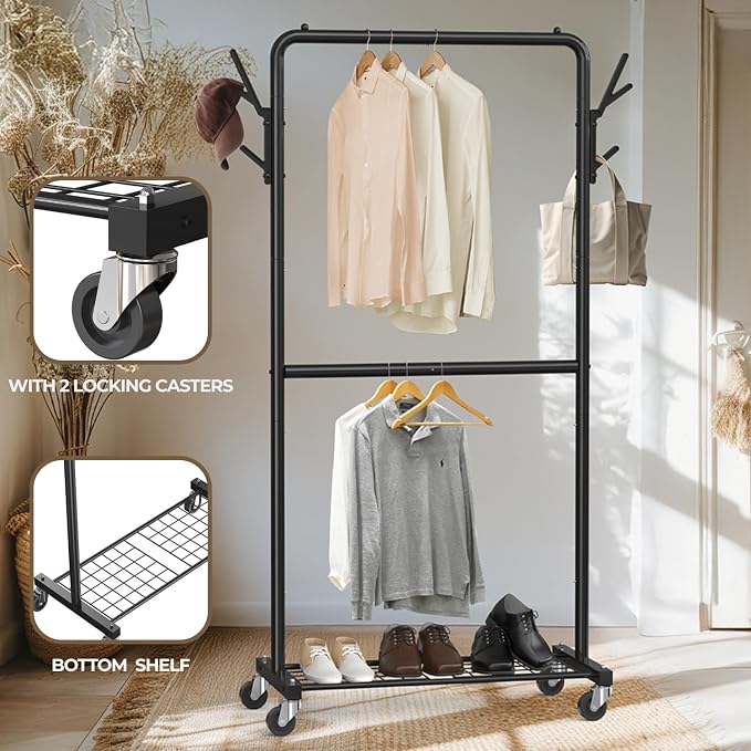 Simple Houseware Double Rod Clothes Rack with Wheels, Hooks & Shelf, Black | Heavy-Duty Metal Garment Rack Organizer